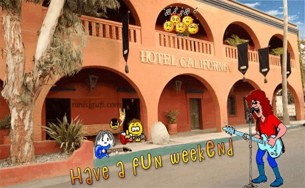 a cartoon of a man playing a guitar in front of a hotel that says have a fun weekend
