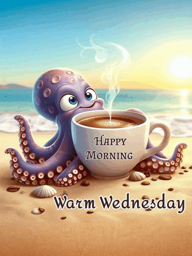 a cartoon octopus holding a cup of coffee on the beach with the words happy morning warm wednesday