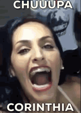 a woman is making a funny face with her mouth open and the words chuuupa corinthia written above her