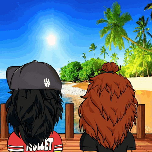 a cartoon drawing of two people looking at a beach with one wearing a shirt that says bullet