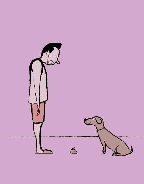 a cartoon of a man standing next to a dog and a pile of poop