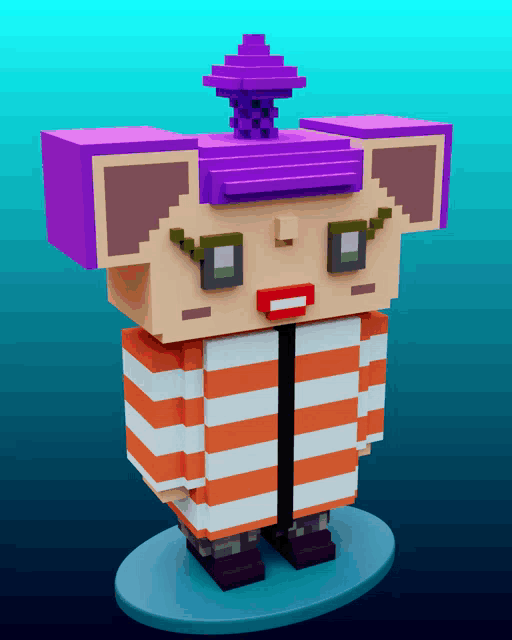 a cartoon character with a purple hat and striped shirt