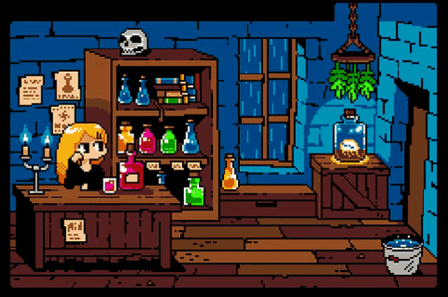 a pixel art illustration of a woman sitting at a table in front of a shelf full of bottles