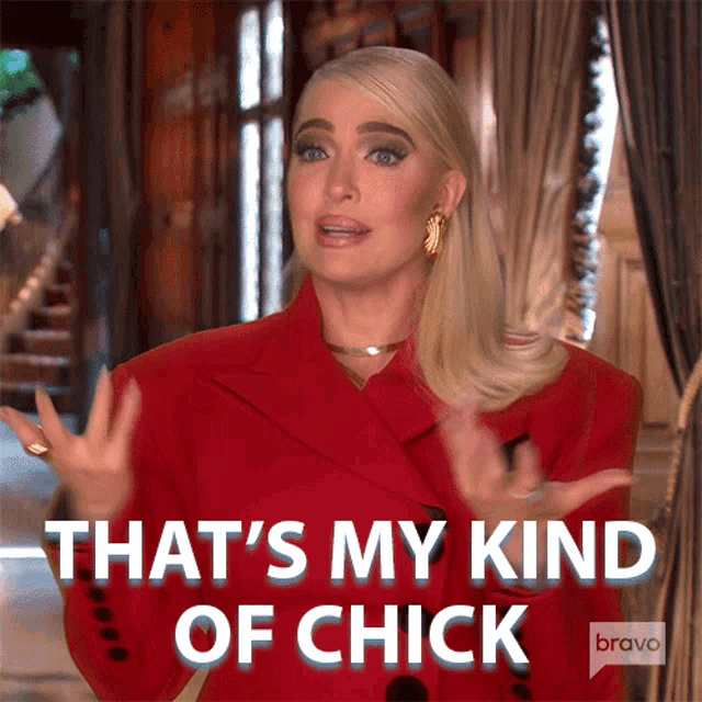 a woman in a red coat says that 's my kind of chick