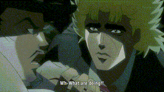 a man with green hair is talking to another man who says wh-what are doing
