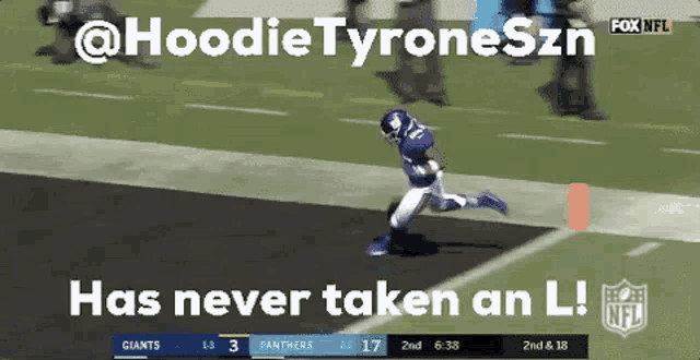 a football player running on the field with the words has never taken an l on the bottom