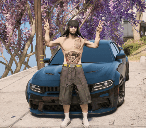a shirtless man with a tattoo on his chest stands in front of a blue sports car