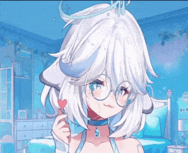 a girl with white hair and glasses is holding a red heart