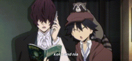 a couple of anime characters are sitting next to each other with a raccoon on their head .