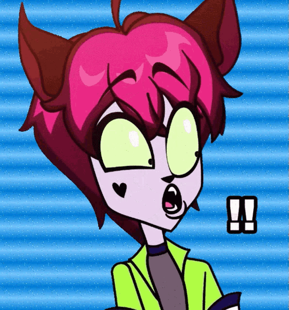 a cartoon drawing of a girl with pink hair and yellow eyes