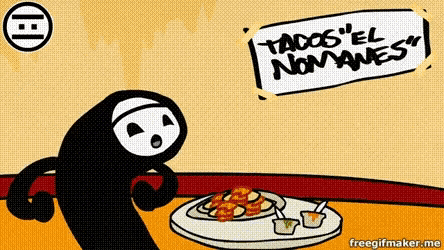 a cartoon character is standing next to a plate of food and a sign that says tacos el nomales