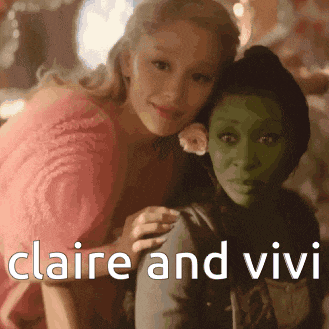 two women are posing for a picture with the words " claire and vivi " written below them
