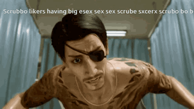 a man with a tattoo on his chest and an eye patch on his eye
