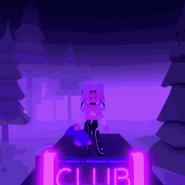 a girl with pink hair is standing in front of a club sign