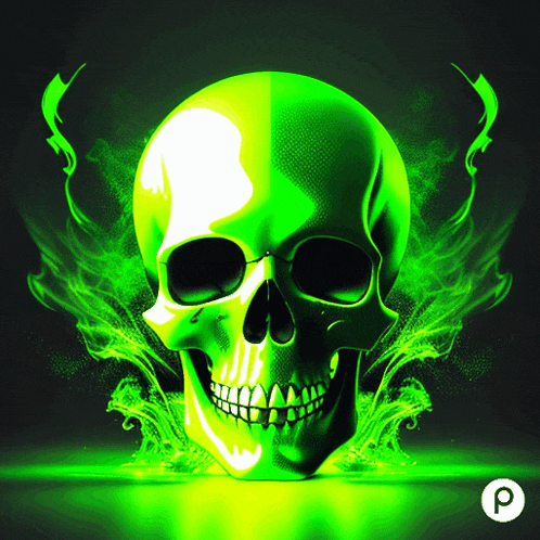 a green skull with smoke coming out of it and the letter p in the corner