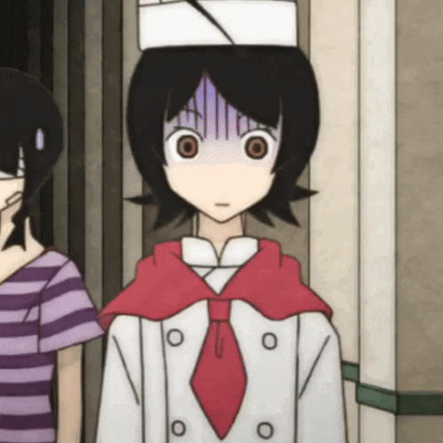 a girl wearing a chef 's hat and tie looks shocked