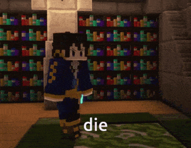 a minecraft character is standing in front of a bookshelf and the word die is on the floor