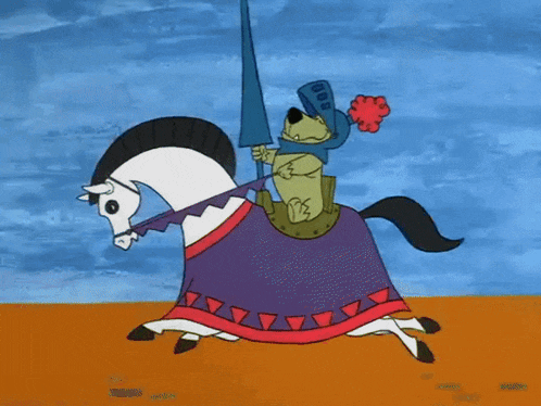 a cartoon of a dog riding a horse with a sword