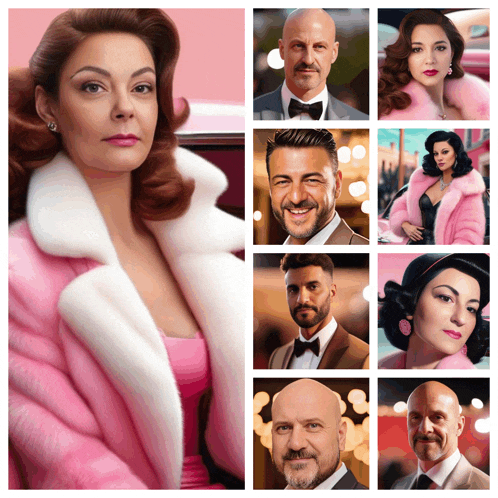 a woman in a pink fur coat is next to a collage of people