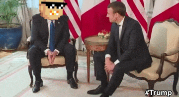 two men in suits are sitting on a couch and one has a pixelated face on his head with the hashtag #trump on the bottom