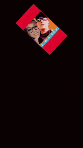 a woman wearing glasses and a man wearing sunglasses are displayed on a red background with a blue border