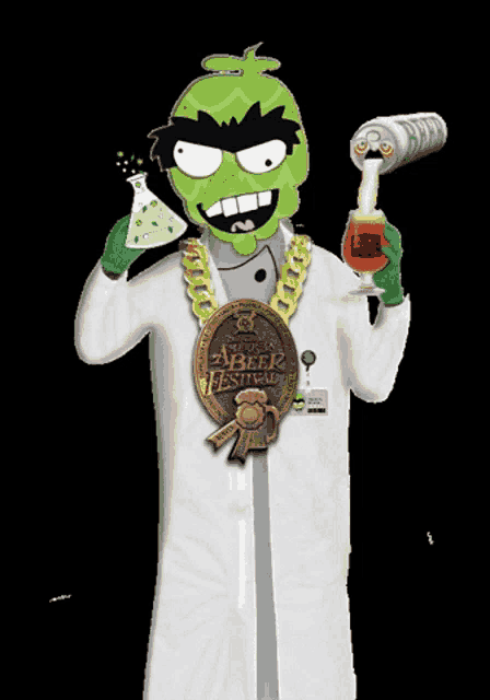 a cartoon character is holding a can of beer and a medal that says abeer festival