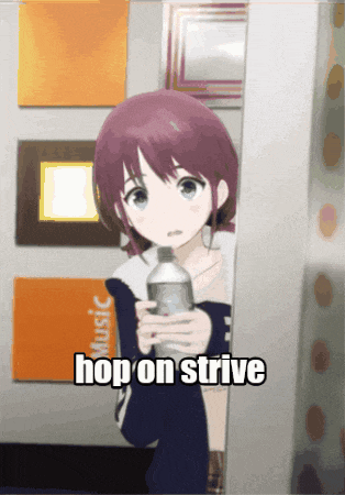 a girl holding a bottle of water with the words hop on strive behind her