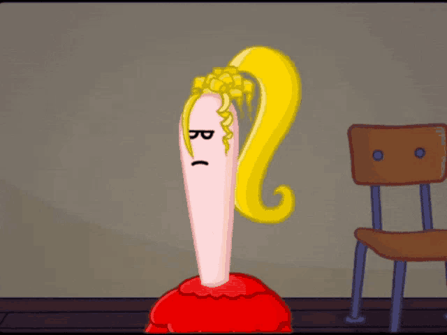 a cartoon drawing of a woman with blonde hair and a ponytail