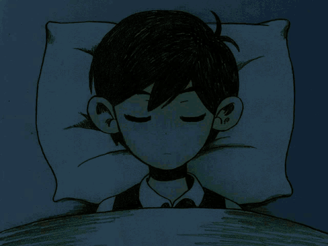 a black and white drawing of a boy sleeping in a bed