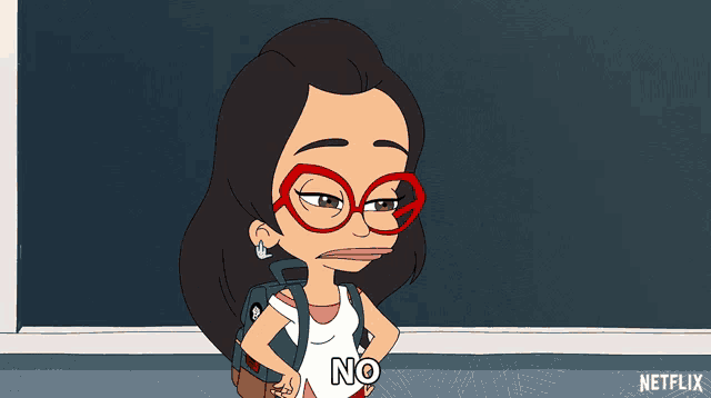 a cartoon girl wearing glasses and a white shirt that says no