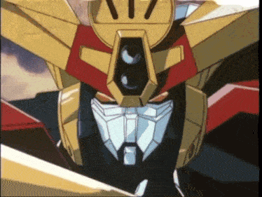 a close up of a robot 's face with a gun on it 's head .
