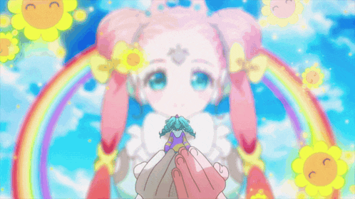 a girl with pink hair and blue eyes is surrounded by a rainbow and flowers