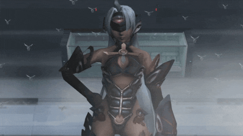 a video game character is standing in a dark room with a few birds flying in the background
