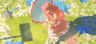 a girl with pink hair is holding a pink umbrella in a field of flowers