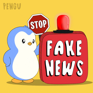 a penguin holding a stop sign next to a fake news block