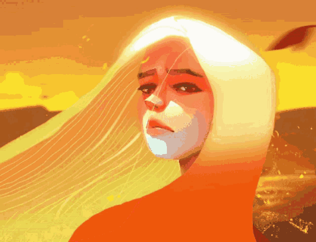 a painting of a woman with long blonde hair and a sunset in the background
