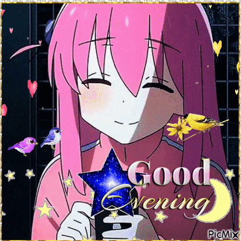 a girl with pink hair is holding a star and the words good evening