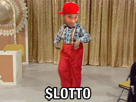 a man in a red hat and suspenders is dancing with the words $ lotto written on the floor