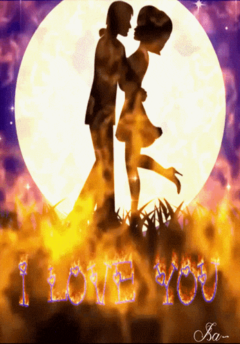 a silhouette of a man and woman kissing in front of a full moon with the words i love you written in flames