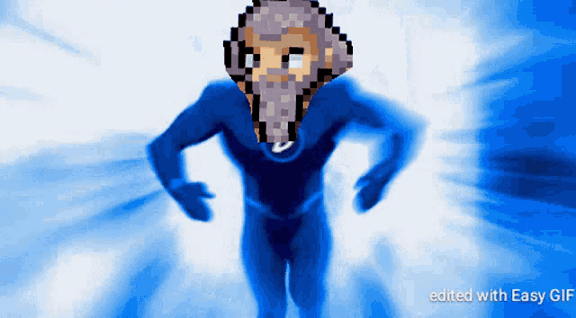 a pixel art of a man in a blue suit with the words edited with easy gif below it