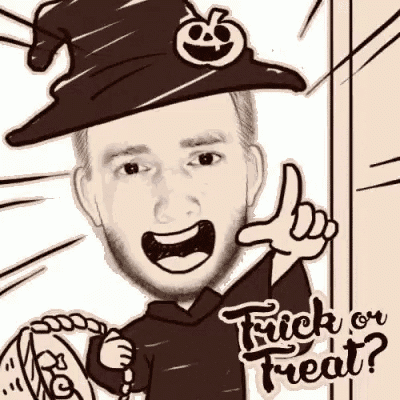a cartoon of a man wearing a witch 's hat and holding a trick or treat bag .