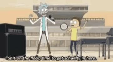 rick and morty from rick and morty are standing on a stage holding a microphone and a tambourine .