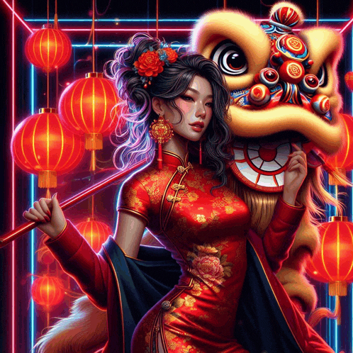 a woman in a cheongsam is holding a lion head