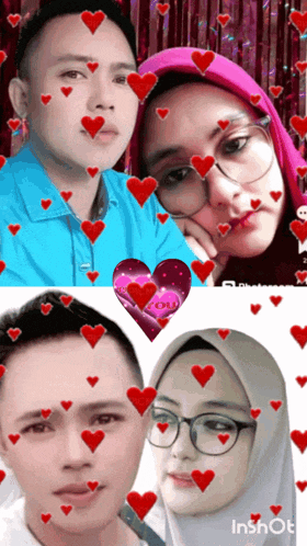 a man and a woman are surrounded by red hearts and a heart that says i love you