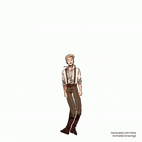 a cartoon drawing of a man in suspenders and boots walking on a white background .