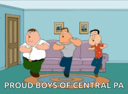 three cartoon characters are dancing in a living room with the words proud boys of central pa below them