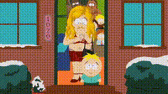 a cartoon of south park characters standing in front of a building with a sign that says welcome
