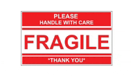 a red sign that says please handle with care fragile thank you