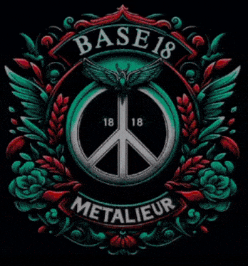 a peace sign with the words base 18 metalieur on the bottom