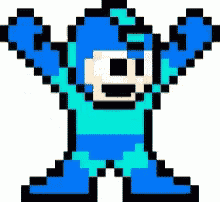 a pixel art of mega man with his arms up